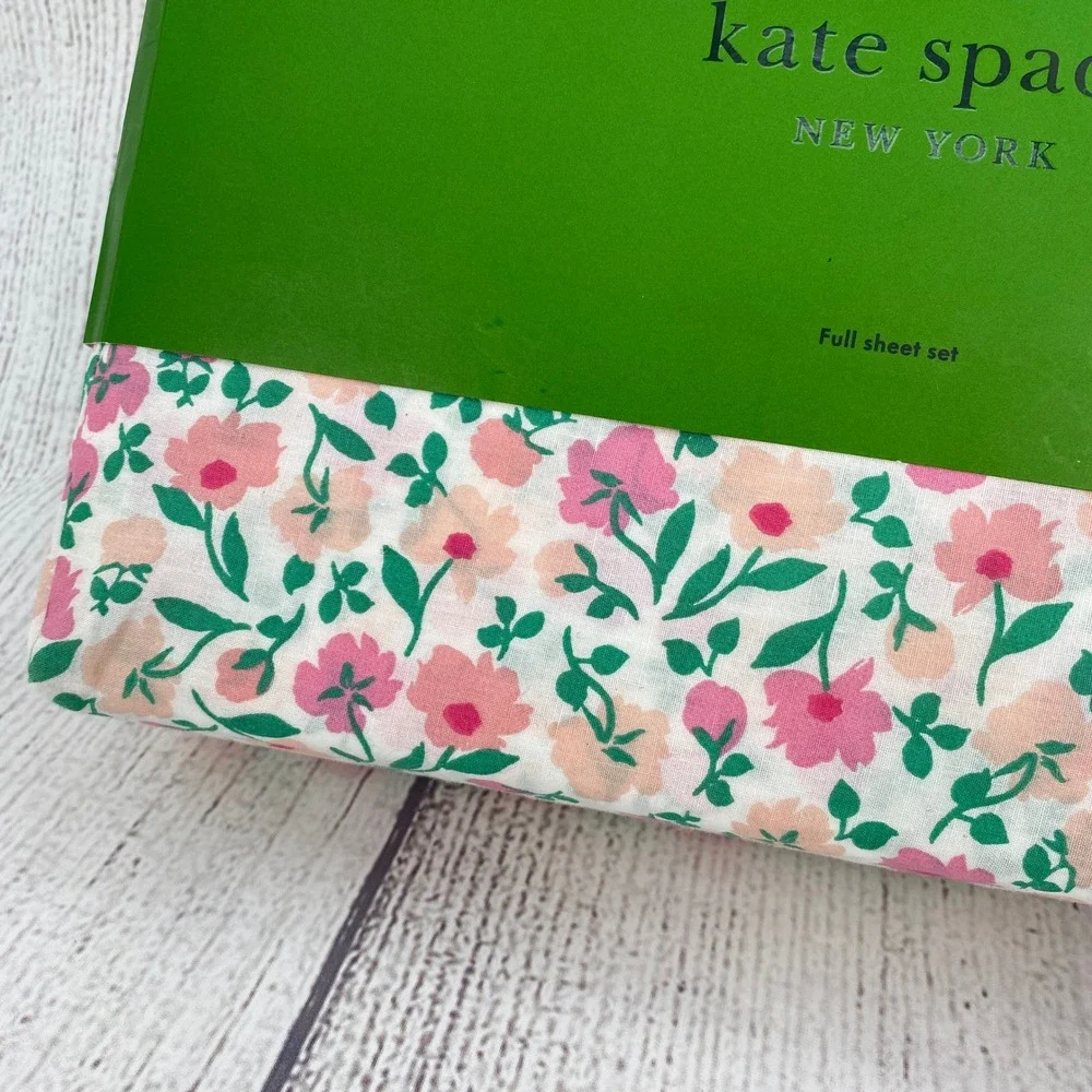 Kate Spade Floral Sheet Set Full White Pink Cotton Percale Garden Cottage
